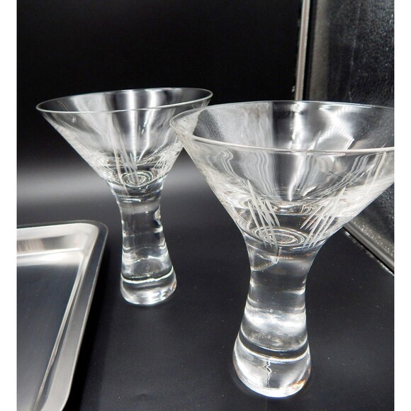 Home Essentials Hex 11 Martini Cocktail Set Shaker Tray Glasses S/4 Etched Lines - Picture 3 of 13
